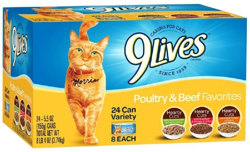    - High-fiber cat food  9 Lives Poultry and Beef Favorites Variety Pack Canned Cat Food