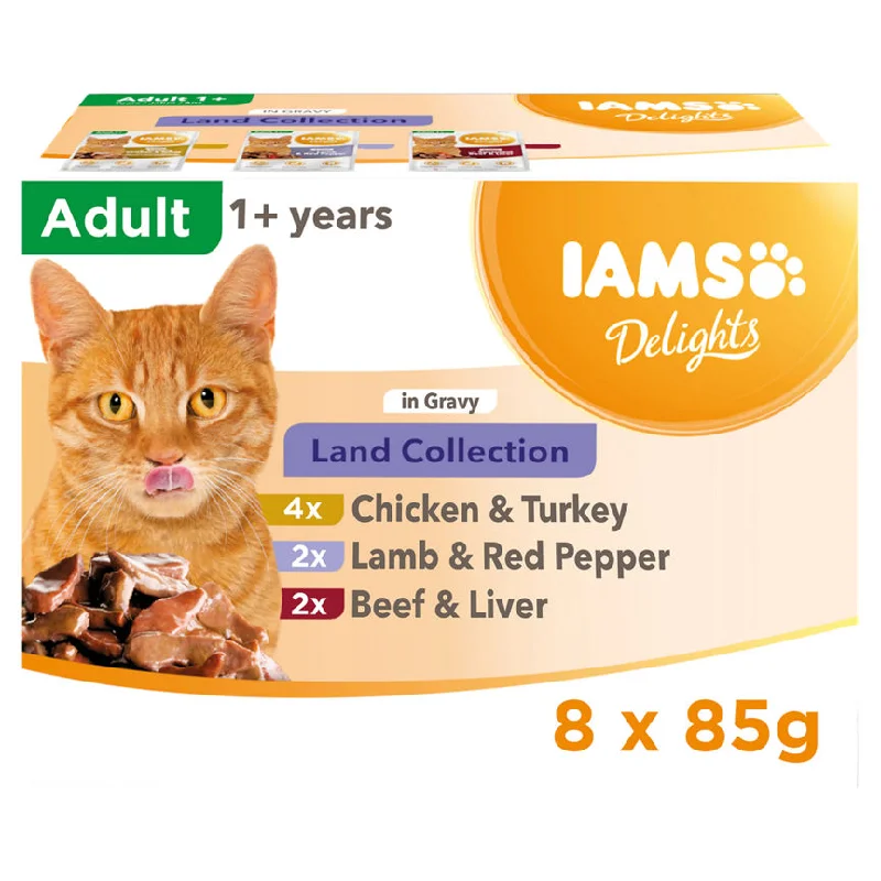    - Outdoor cat food  Iams Delights 1+ Adult Wet Cat Food Pouches Land Collection in Gravy